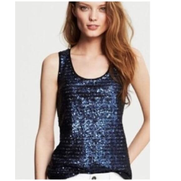 J Crew Womens XXS Navy Blue Sequin Scoop Neck Tank Top Cotton Blouse 2XS - Picture 9 of 9